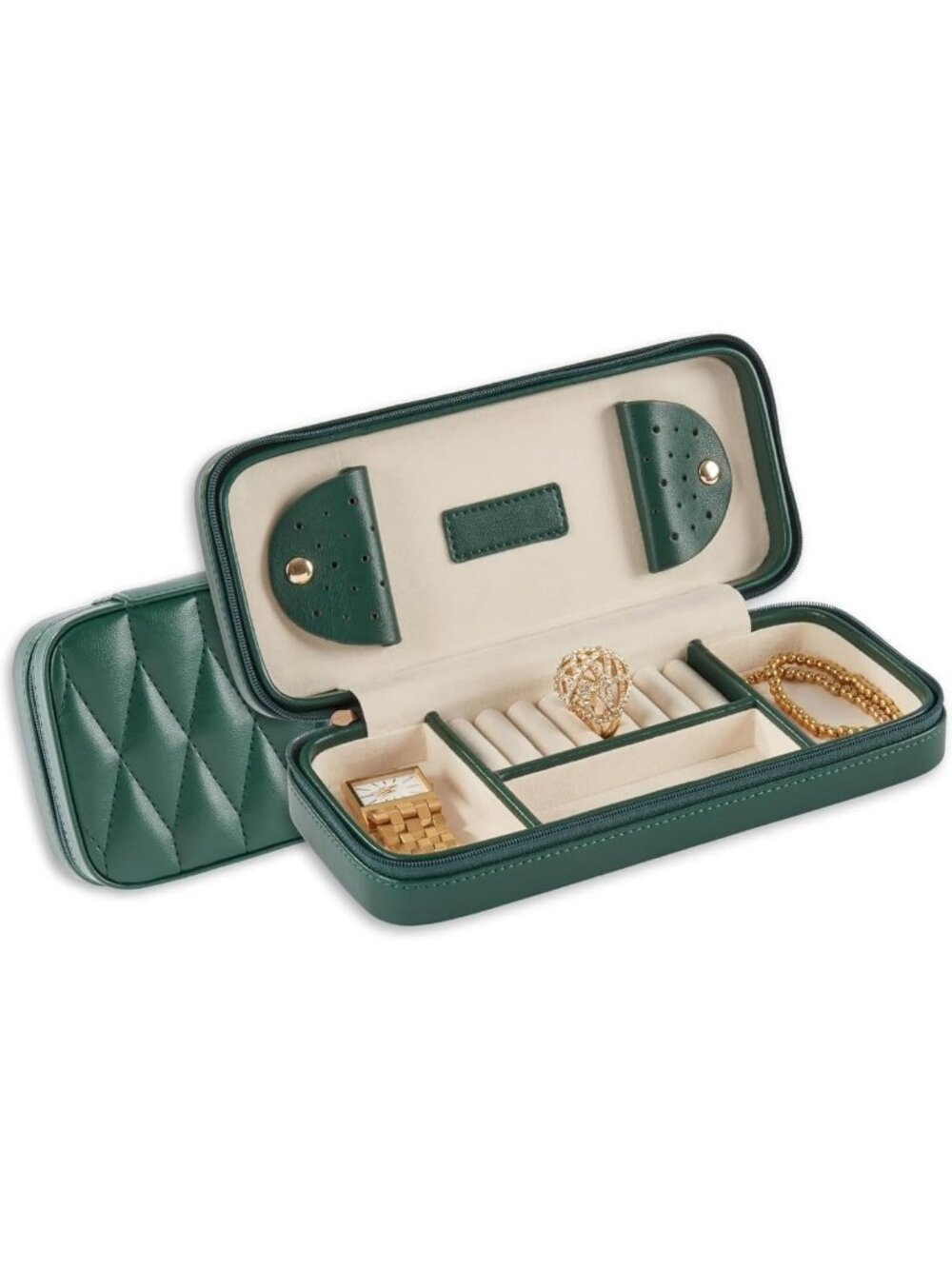 Stylish Diamond-Quilted Leather Travel Jewelry Case - Green, Compact & Chic